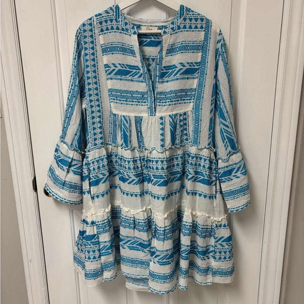 Elan Embroidered Blue and White Dress Large